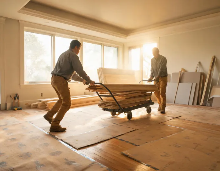 Ram Board temporary floor protection covering hardwood during active renovation