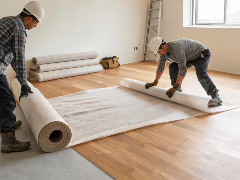 Crew rolling out floor protection rolls